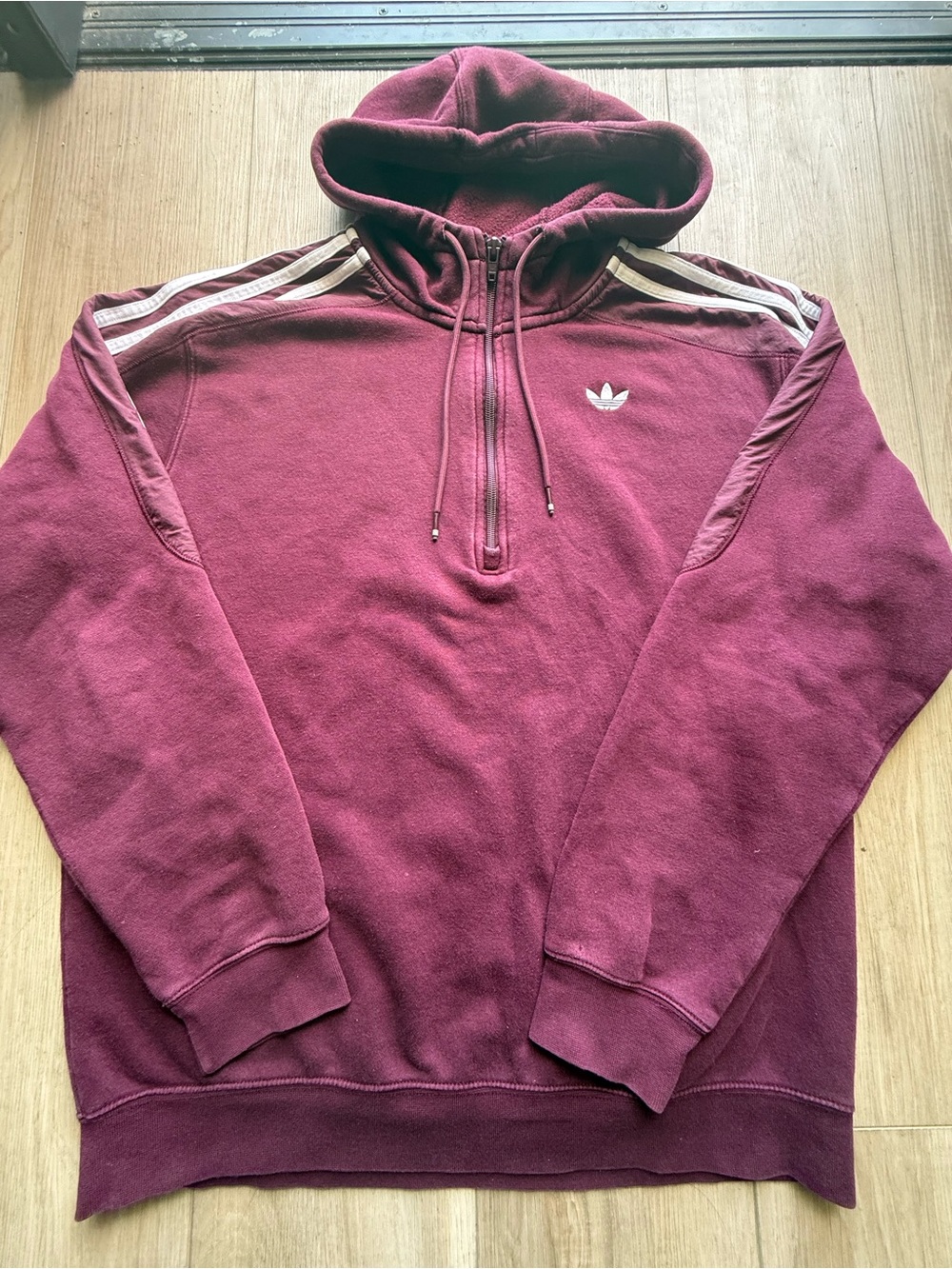 Adidas Maroon 1/2 Zip Hooded Sweatshirt with White Stripes